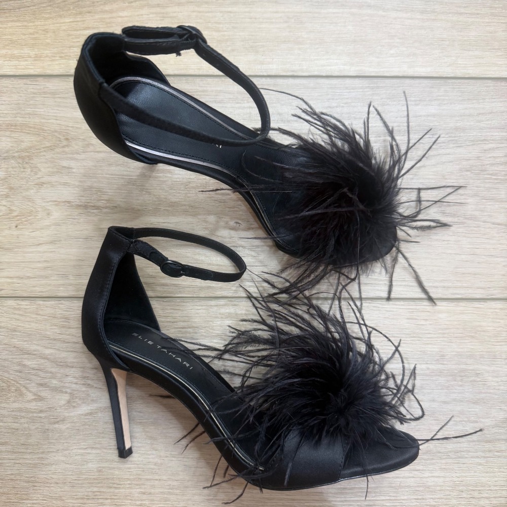 Elie Tahari Black Feather Stiletto Ankle Strap Heels Old Hollywood Cocktail 7.5‎